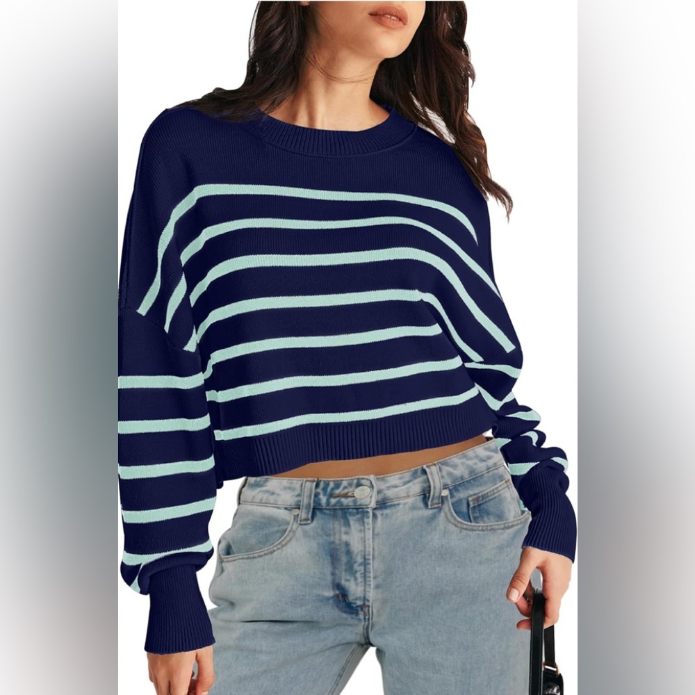 NWT MEROKEETY Women's Long Sleeve Crew Neck Striped Crop Sweater Large